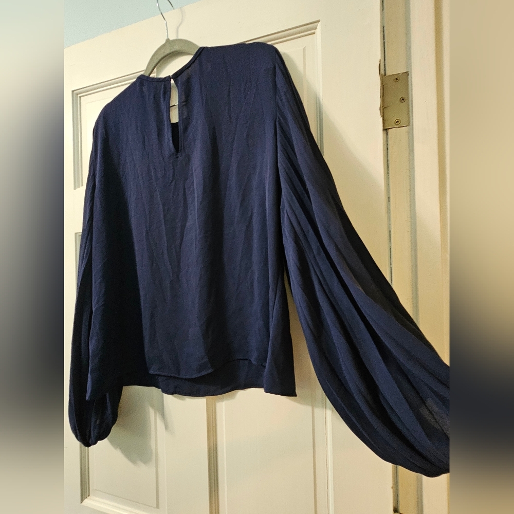 Express Navy Pleated Balloon Sleeve Blouse Large C11